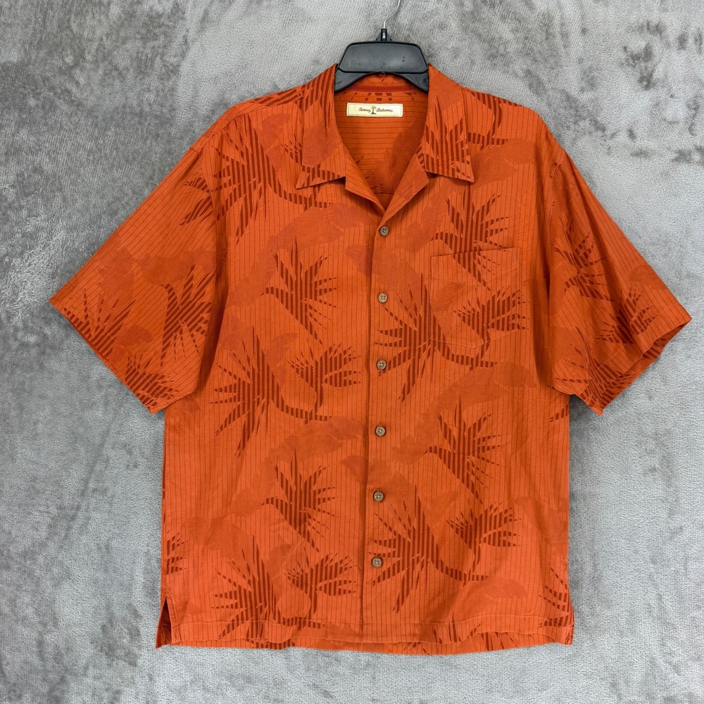 Tommy Bahama Mens Medium Silk Camp Shirt Orange Tropical Bird Jacquard Short Slv